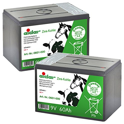 Eider Sparpack: 2X 9V Zink Kohle Trockenbatterie 60 Ah - Elektrozaun Batterien für 9 Volt Geräte