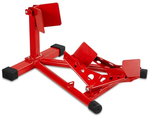 SUNROAD Motorcycle Front Wheel Chock for Garage Parking, Adjustable 17”–21” Tire Stand, Heavy Duty Steel Motorcycle Wheel Stand, Freestanding or Bolt-Down Option, Red