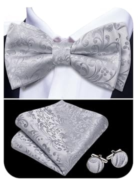 Barry.Wang Mens Silver Bow Tie Paisley Silk Pre-Tied Bowtie Pocket Square Cufflinks Set Formal Wedding Prom Party Tuxedo