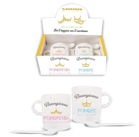 Mood Tazzine Caffè con Cucchiaino Buongiorno Principe e Principessa, Ceramica, Cilindrico, Coppia di Tazze da Caffè, Tazza, Casa, Regalo