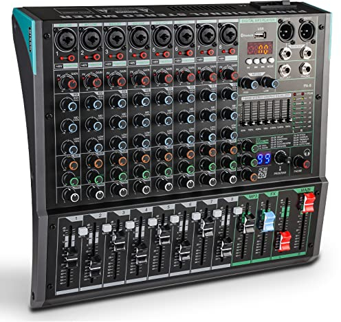 Mezclador de Audio Profesionalde 8 Canales Interfaz de Audio Mesa de Mezclas, Mesa Mezclas Dj Mixer Audio con 99DSP/BT/USB/MP3, Mesa de Sonido Tabla de Mezclas Dj Consola de Audio Controlador Dj