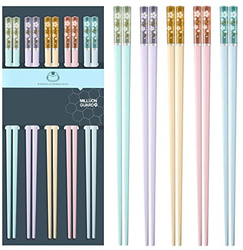 Chopsticks Reusable Dishwasher Safe, 9.63 inch/24.3cm Fiberglass Non-Slip Chop Sticks, Chinese/Japanese Chop Sticks for beginners, Sakura Chopsticks Colorful- 5 Pairs