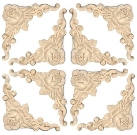 Aiminjey 20 Pcs Decorative Wood Flower Carved Appliques 3.1inch Corner Onlay DIY Unpainted Solid Wooden Carved Corner Decal for Furniture Wardrobe Mirror Photo Frame Closet Decoration (20, 3.1inch)
