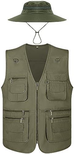 Janmercy 2 Pieces Men's Work Fishing Vest with Hat Lightweight Safari Travel Hunting Waistcoat With Multi Pockets Fishing Hat (Army Green,XL)
