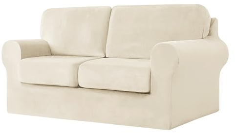 SYLC Ektorp Copridivani Con Cuscini E Schienale Separati, Velluto Elasticizzato Copridivano 1/2/3/4 Posti Con Braccioli, Copri Divano Antiscivolo (Beige,2 Seat Set 5 PCS)