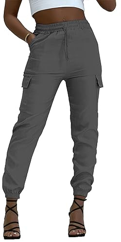 Women's Cargo Picket Detail Casual Stretch Fit Combat Trousers Pants (S-M, Charcoal Grey)