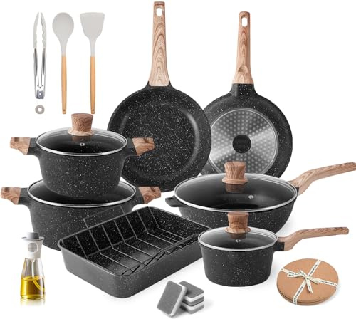 RIOVARM Induction Set de casseroles et poêles avec couvercles Granit antiadhésif Batterie de cuisine avec rôtissoire Marbre Ensemble d'accessoires de cuisine Poêle à frire Poêle à sauce Spatules