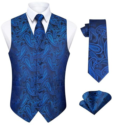 Enlision Gilet da Uomo Elegante Paisley Jacquard Gilet Blu da Abito Cravatta e Fazzoletto Set per Festa Sposa