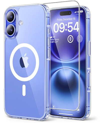 TAURI för iPhone 16 Plus Skal 6.7-Tum med Härdat Glas Skärmskydd, Kompatibelt med MagSafe, Militär kvalitet, [Icke-Gulning] Magnetisk Mobilskal Case - Klar