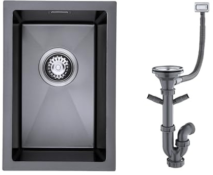 KINKIBOS 304 Stainless Steel Sink 30 x 45 cm, Small Kitchen Sink, Undermount & flushmount, Single Bowl Sink with Overflow, 1 Bowl, Grey Black