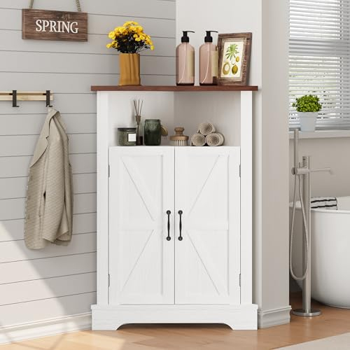 Smuxee Bathroom Corner Storage Cabinet, Farmhouse Floor Corner Cabinet with Barn Door and Adjustable Shelf, White Narrow Cabinet Organizer for Bathroom, Living Room, Kitchen