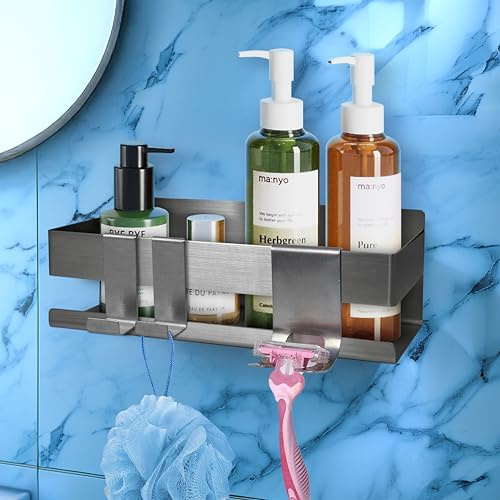 HomeGadget Mensola Bagno Doccia Senza Foratura [ 22 x 7,5 x 9 cm ] Portaoggetti Adesivo in Acciaio Inox Antiruggine - Incluso 2x Ganci & Porta Rasoio - Argento