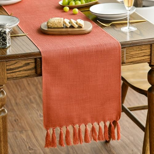 Artoid Mode Terracotta Orange Boho Rustic Farmhouse Fall Tassel Table Runner, 33x183 cm Autumn Kitchen Dining Table Decoration Wedding Holiday Party