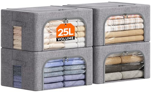 Lifewit Scatole per Armadio Rigide con Cerniera, Contenitori per Armadio Salvaspazio, Scatole Vestiti Cambio Stagione con Struttura in Metallo Pieghevole, Grigio, 25 L, 4 Pezzi