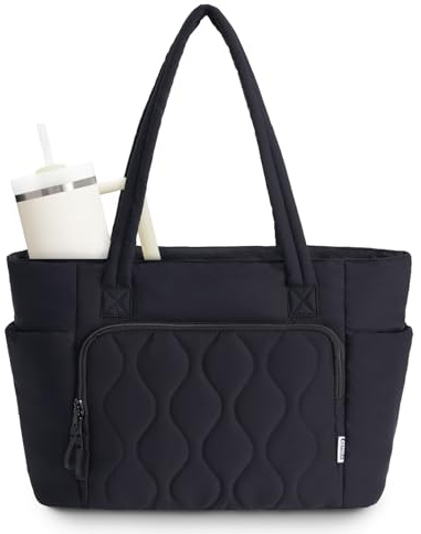 Ceneda Tote Bag for Women With 40oz Cup Holder, Puffer Work Laptop Tote Bag With Zipper for Travel, Teacher, Nurse, Black, L, Leisure