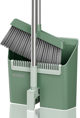 JOYMOOP Dunkelblaugrüner Besen mit Kehrschaufel, Kombi-Set, aufrechter Standbesen mit integrierten Kammzähnen, Winkelbesen für Zuhause, Küche, Büro, Lobby, Tierhaare und Hartholzboden Kehren