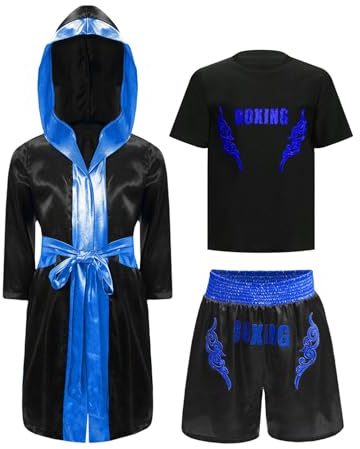 inhzoy Costume Pugile Bambino e Ragazzo Cappotto Kickboxer con Cappuccio + Maglietta + Pantaloncini Muay Thai Completo da Boxe Abbigliamento da Combattimento Kick Boxing Nero&Blu 11-12 anni