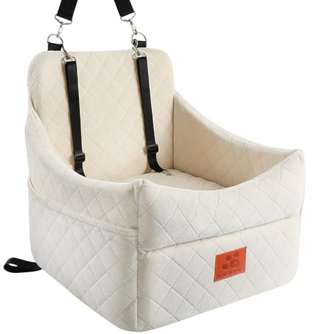 GL GLENSLAVE Seggiolino auto per cani di piccola e media taglia, con cuscino spesso, per cani sotto i 15,9 kg, rimovibile e lavabile, con tasche portaoggetti, 2 cinture di sicurezza (beige)