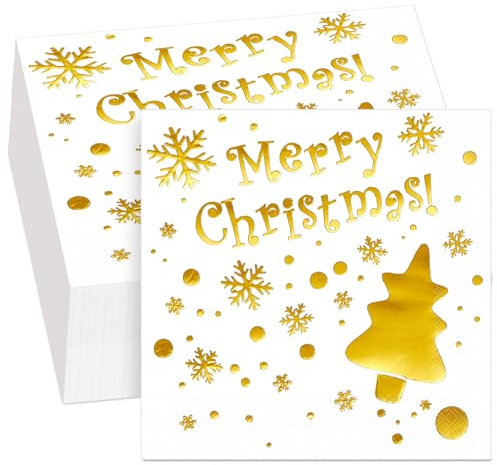 Chrisfall 50 Pcs Merry Christmas Silver Foiled Napkins Christmas Metallic Stag Party Paper Napkins Disposable Xmas Silver Serviettes Cocktail Serviette for Party Supplies (Xmas Tree)