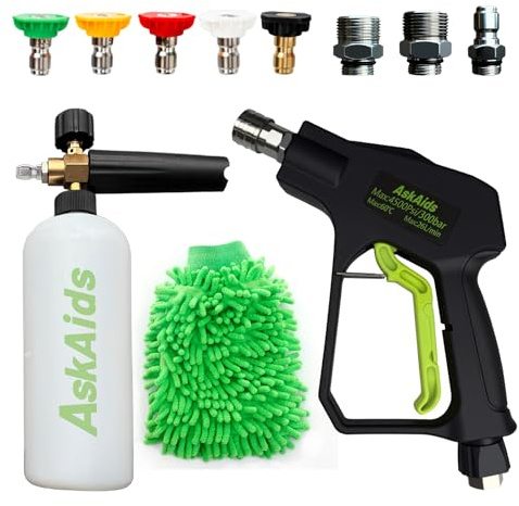 AskAids Short Pressure Washer Gun with Foam Cannon,High Pressure Wash Foam Gun with 1/4 Inch Quick Connector,5 Pressure Washer Nozzle Tip