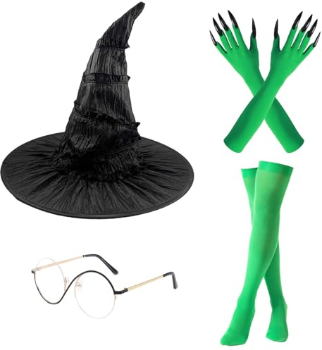 TYXHXTF Costume da Strega, Accessori per Costume da Strega, Cappello e Occhiali da Elphaba e Guanti Verdi con Artigli, Calze Alte, per Halloween Carnevale Cosplay