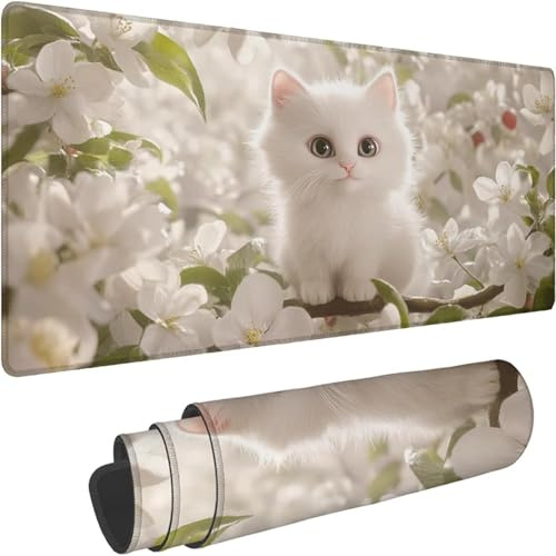 Mouse Mat 1400 x 700 x 3mm Large Mouse Mat Non Slip Rubber Base, Soft Textured Surface with Stitched Edges, Waterproof Desk Mat for PC, Laptop, Laser Mice for Office, Gaming White Cat Printing xn-12