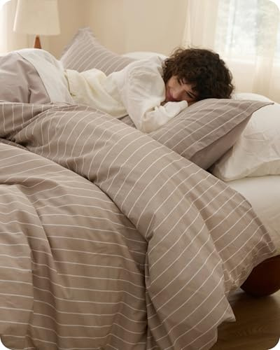 Bedsure Striped Duvet Cover Queen Size, 100% Washed Cotton PureWoven Duvet Cover Linen Like Textured, Classic Striped Pattern Enhances Bedroom Comfort and Style, Stripes Tan/White, 90x90