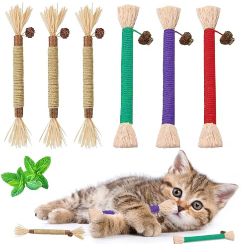 YXBWM Natural Cat Silvervine Chew Sticks & Catnip Rope Toy for Cats, 6Pcs Teeth Cleaning & Kitten Teething Chewing Aid, Stress Relief for Indoor Cats