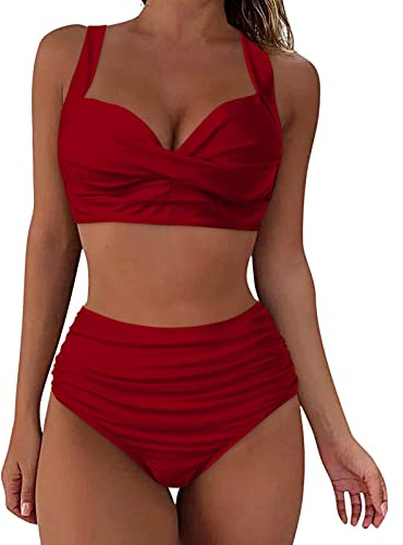 Women's Bikini Set Elegant Sexy Swimsuit Two Piece Triangle V Neck Swimsuits Push Up Beach Bikini Curvy Swimsuit Bikini Bottoms Bikini Tops with Padding Without Underwire, Wine Red, L