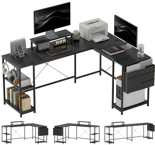 HOMCOM Vändbart L-skrivbord, 168 cm, justerbar hylla 240 cm, svart | Industriellt hörnskrivbord för dator, förvaringsväska, PC-bord för 2 personer, skärmstativ.