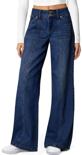 YGERGWE Wide Leg Jeans for Women UK, High Waisted Denim Trousers for Ladies Loose Fit Straight Leg Vintage Y2K Fashion Casual Palazzo Pants with Pockets Dark Blue