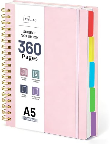 RITOLLO 360 sidor A5-spiralanteckningsbok med 5 fack, linjerad i collegestil, 100 GSM tjockt papper, stor anteckningsbok med avtagbara skiljeblad för skola, kontor, studier och arbete (rosa)