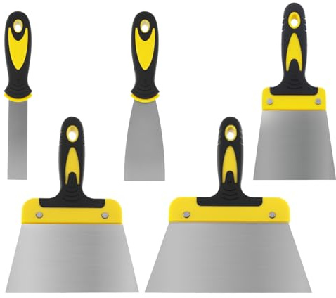 QWORK® Set di spatole in acciaio inossidabile a 5 pezzi (25, 50, 100, 160 e 200 mm) – Spatola ergonomica per pittori per cartongesso, intonaco e carta da parati