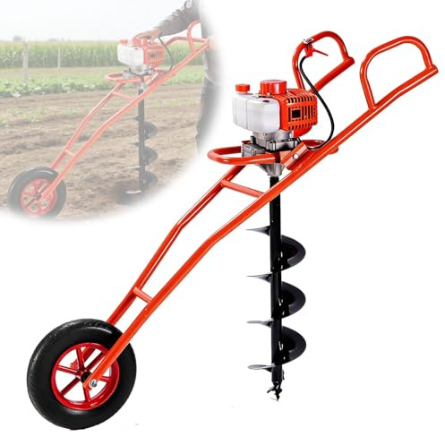 Ahoyador de tierra a gasolina de 63 cc y 2 tiempos con carro con ruedas (incluye broca de 4 pulgadas) — Apto para proyectos agrícolas, de jardinería y de construcción.