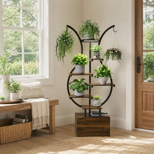 Quiaviank Soporte para plantas con luz de espectro completo para plantas, 5 niveles, soporte de flores de metal y madera, estantería para plantas, escalera de flores para interior y exterior, soporte