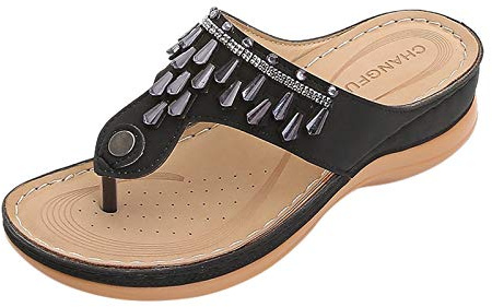 Sandalias de plataforma para mujer, sandalias ligeras con tacón de cuña, separadores de dedos con perlas de estrás, antideslizantes, cómodas chanclas con soporte para el arco, con cama suave, zapatos