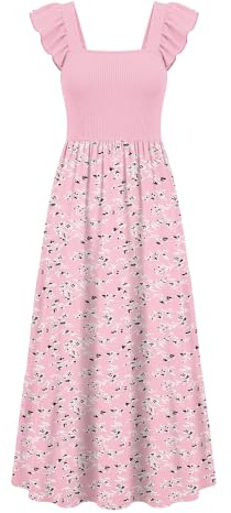AUSELILY Women Summer Maxi Dress Square Neck Ruffle Sleeveless with Pockets | Casual Beach Maxi Dress,Elegant Flow‑Vacation Sundress,Breathable and Soft Fabric,Multiple Printed Patterns Available
