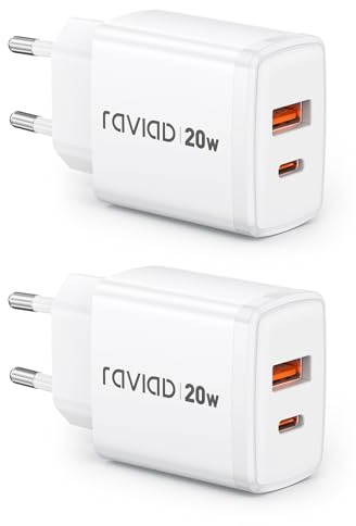 RAVIAD 20W USB C Laddare, 2-Pack 2-portars Multiladdare med USB-C och USB-A, Snabbladdare Nätadapter Typ C för iPhone 17 16 15, Samsung Galaxy S25 S24 S23, Surfplatta Nätadapter USB C