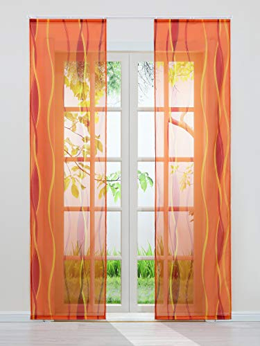 Delien Voile Vorhang Schiebegardinen mit Wellen Druck Flächenvorhänge Transparenter Gardine mit Klettband Wohnzimmer Fensterschals (2 Stück, je H/B: 225/57 cm),Orange