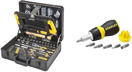 STANLEY Valise de Maintenance - 142 Pièces - Pinces et coupe-touts, clé à molette, niveau, mesure & Tournevis Porte-Embouts a cliquet bimatiere + 6 Embouts - réservoir de stockage dans le manche