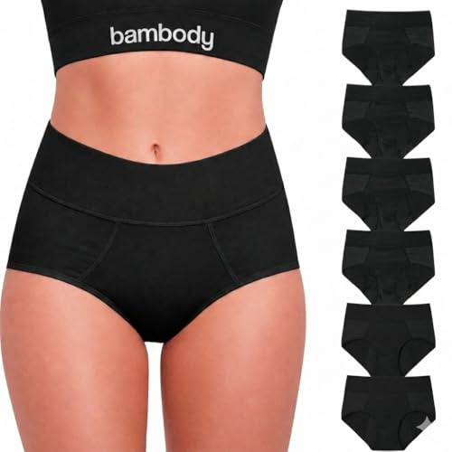 Bambody absorberande trosa: Period underkläder för kvinnor - bambu mjuk graviditet & postpartum period trosor - 4 tampong menstruation, 6 Förpackning: svart, XXL