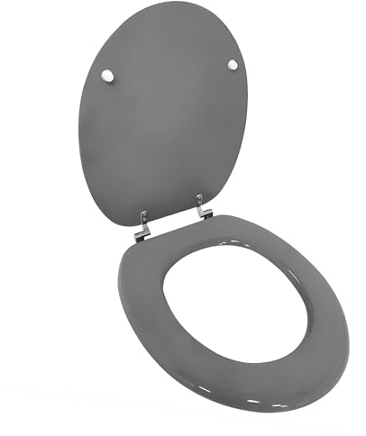 Marco Paul Grey Wooden Toilet Seat 18 Heavy Duty Universal Oval Toilet Seat with Hinges Easy Clean Standard Fit Replacement Grey Toilets Seat for Busy Homes Offices Ensuites Loo Seats