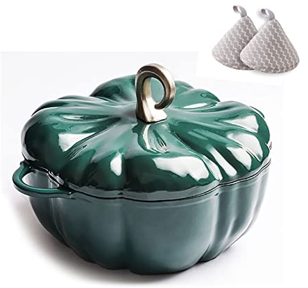 BAMFY Emailliert Gusseisen Topf Schmortopf Mit Deckel Kürbis Dutch Oven Antihaft Emaille Beschichtet Schmorpfanne Bräter Induktion Backofengeeignet (Color : GrüN)