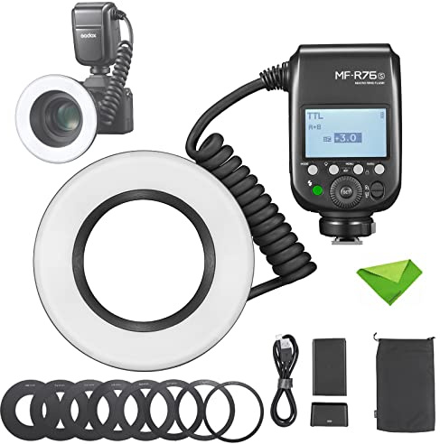Godox MF-R76S TTL Macro Ring Flash 76Ws HSS 2.4G Wireless GN14 CCT 5900K 550 flash a piena potenza, tempo di ricarica 0,1-1s Lampeggiatore a doppio flash per fotocamere Sony
