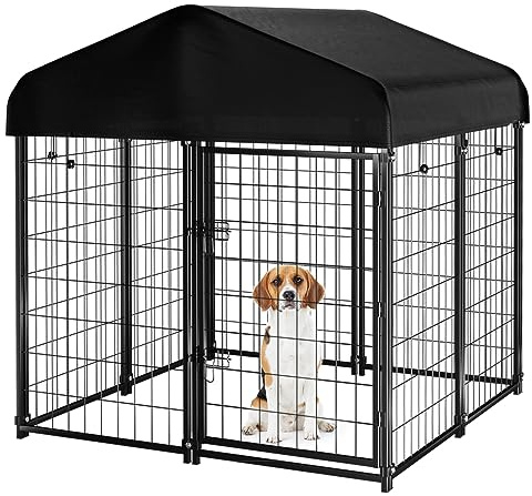 Dog Kennel Outdoor with Roof, 4'x4.2'x4.5' Welded Wire Dog Enclosures for Outside, Heavy Duty Dog Crate with UV-Resistant Waterproof Cover