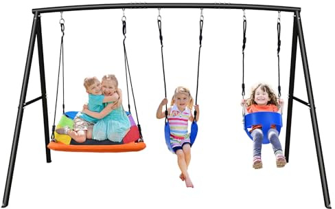 Hapfan 440lbs Kids Swing Sets for Backyard with Toddler Swing, Triple Outdoor Metal Swingset, Easy to Assemble (Patented)