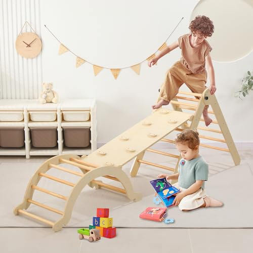 Wooden Pikler Triangle Set - 7 in 1 Montessori Foldable Toddler Climbing Toys for Early Learning - Includes Arch, Ramp, and Climbing Triangle - Indoor/Outdoor Playground Equipment for Toddlers