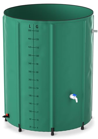 YUENFONG 500 l regntunna regnvattentunna 132 gallon vikbar regnvattentank med skalindikering PVC regntank med ABS-dräneringsventil, för trädgård, terrass, mörkgrön