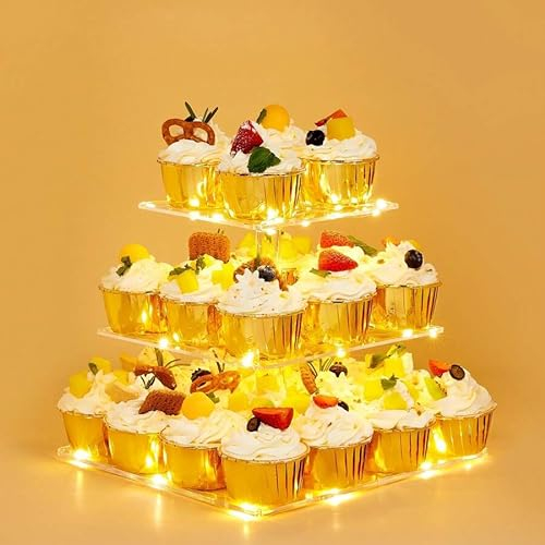 Ulifeme 3 Livelli Cupcake Stand, Alzata Torre Quadrato in Acrilico con Luci Gialla a LED Stringa, Porta Torte Albero Dessert per Compleanno, Matrimonio, Anniversario & Decorazione per Feste