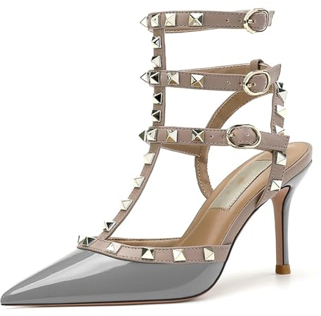 FamMe Damen-Pumps mit Nieten, spitzer Zehenbereich, Stiletto-Absatz, Nieten, T-Riemen, Knöchelriemen, Slingback-Sandalen, Lackleder, Hochzeits-Brautkleid-Schuhe,Blau,33